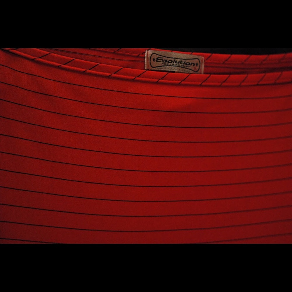 Stretchy long red dress with black stripes